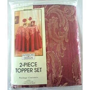 Vintage NEW Round Tablecloth & Topper Centerpiece Red Damask Cottage Victorian